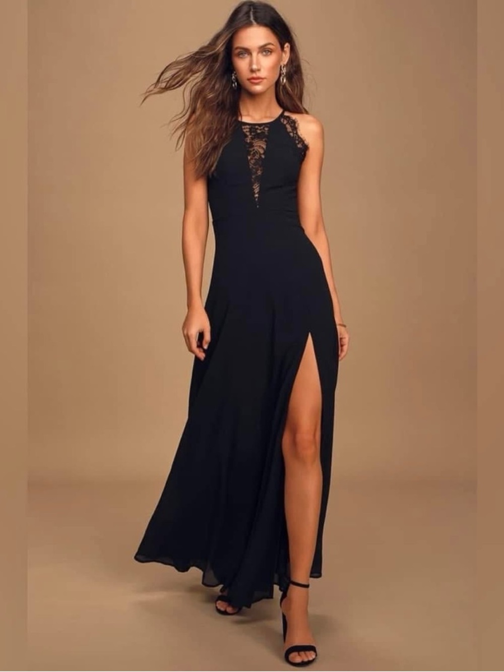 Lulu's Black Lace Halter Maxi Dress with Thigh Slit